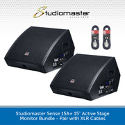 Two black Studiomaster Sense 15A+ 15-inch active stage monitors with two matching XLR cables, shown on a white background with the Studiomaster logo and product title text.