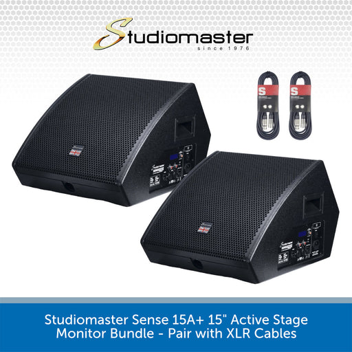 Two black Studiomaster Sense 15A+ 15-inch active stage monitors with two matching XLR cables, shown on a white background with the Studiomaster logo and product title text.