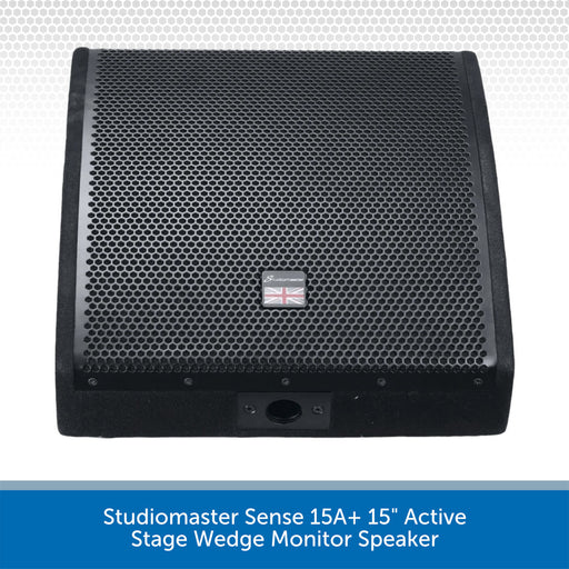 A black Studio Master Sense 15A+ 15" active stage wedge monitor speaker shown from a front-three-quarter angle against a white patterned background with a blue text banner at the bottom.