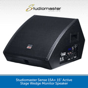 A black Studiomaster Sense 15A+ 15" Active Stage Wedge Monitor Speaker shown at a three-quarter angle on a white background with a blue text banner at the bottom.