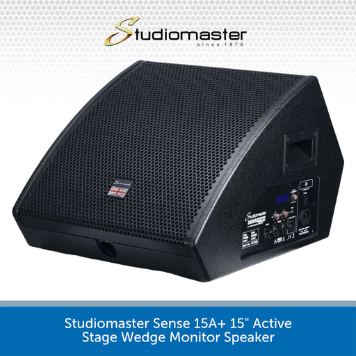 A black Studiomaster Sense 15A+ 15" Active Stage Wedge Monitor Speaker shown at a three-quarter angle on a white background with a blue text banner at the bottom.