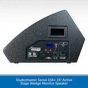 Rear view of a Studiomaster Sense 15A+ 15-inch active stage wedge monitor speaker on a white background with a blue text banner at the bottom.