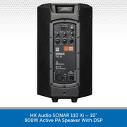 Black active PA speaker with DSP on a white background, featuring the brand 'HK Audio'.