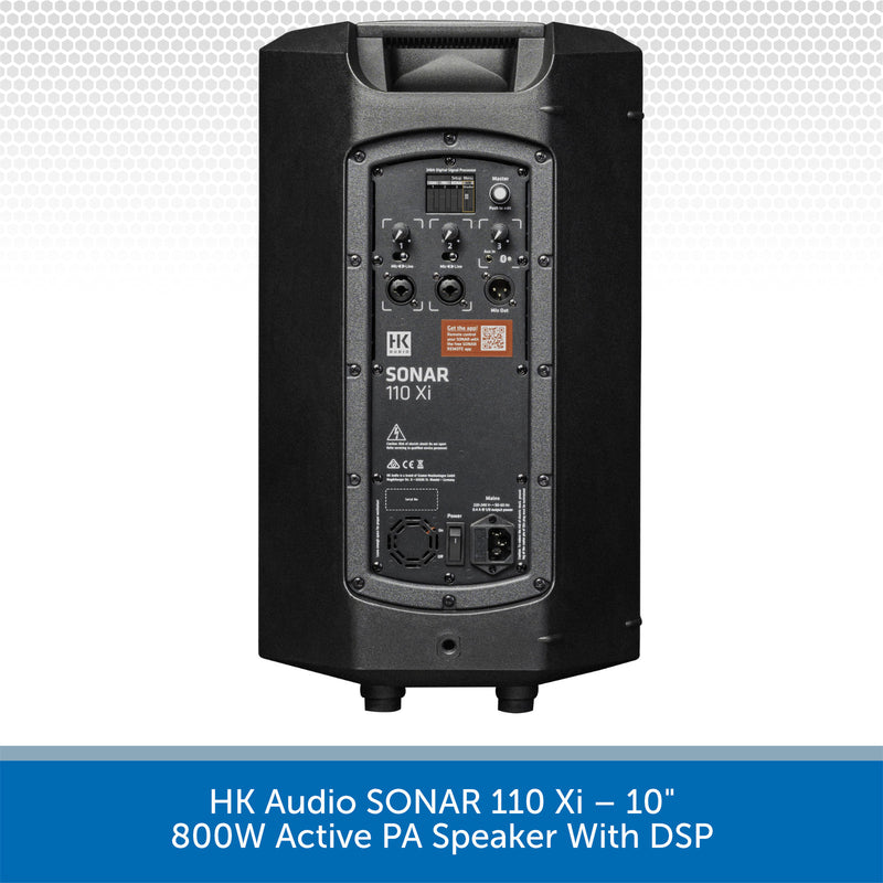 Black active PA speaker with DSP on a white background, featuring the brand 'HK Audio'.