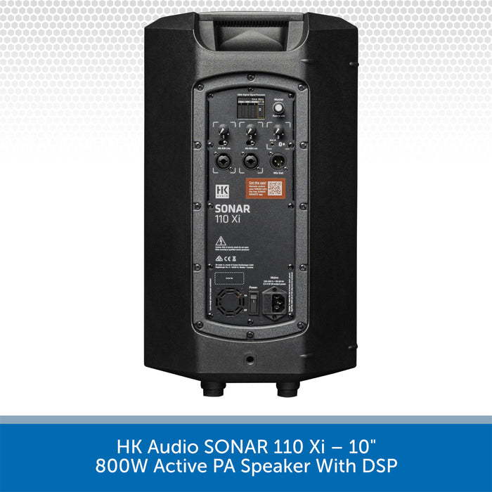 Black active PA speaker with DSP on a white background, featuring the brand 'HK Audio'.