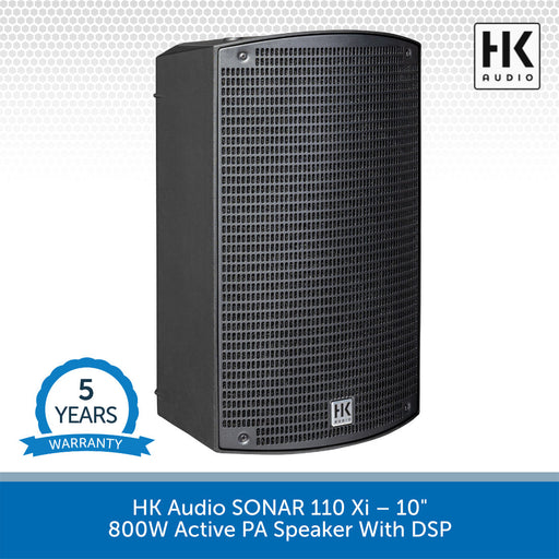 HK Audio SONAR 110 Xi speaker with 5-year warranty badge on a white background