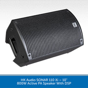 Black active PA speaker with grille and branding on a white background
