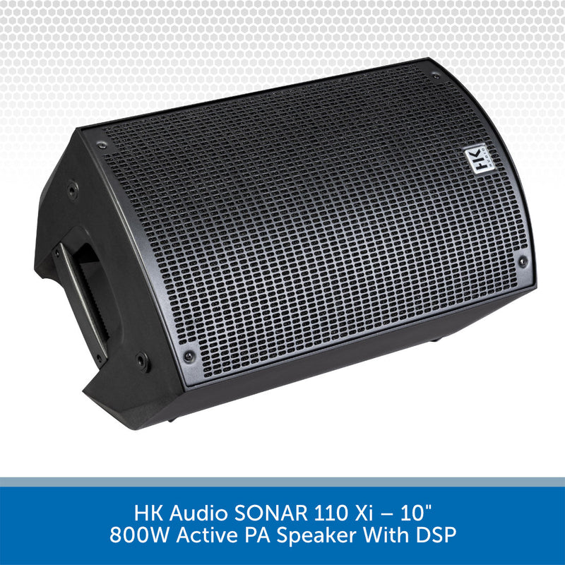 Black active PA speaker with grille and branding on a white background