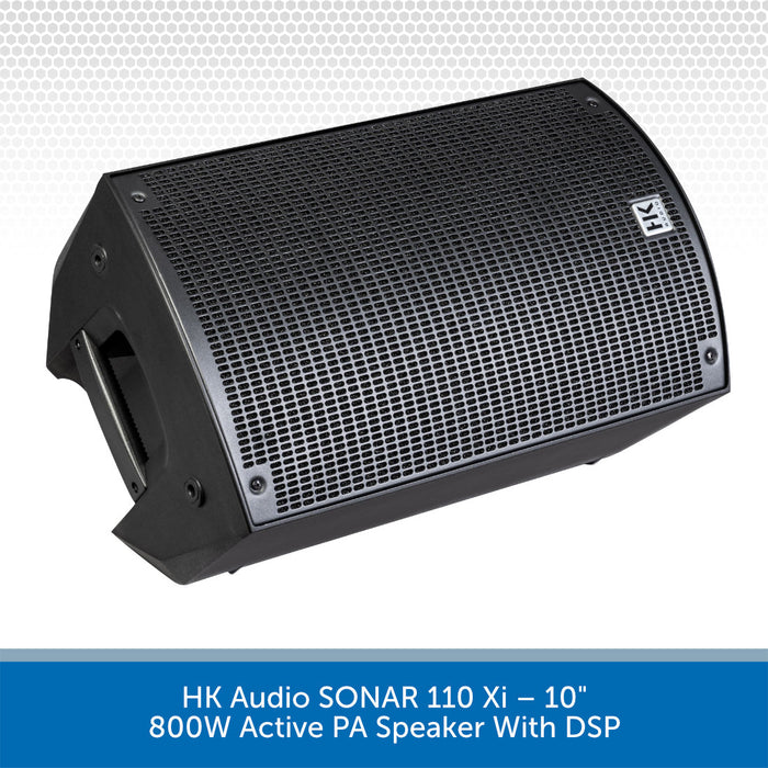 Black active PA speaker with grille and branding on a white background