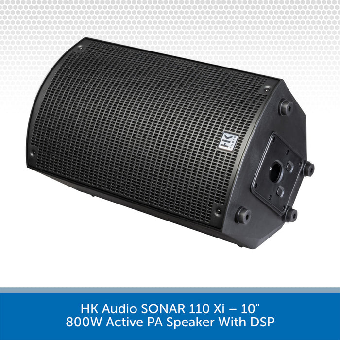 Black active PA speaker with DSP on a white background