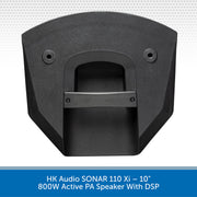 Black active PA speaker with DSP on a gray background