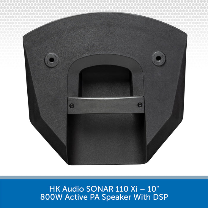 Black active PA speaker with DSP on a gray background