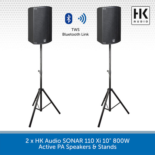 2 x HK Audio SONAR 110 Xi 10" 800W Active PA Speakers & Stands