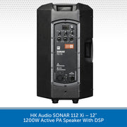 Black active PA speaker with DSP on a white background, featuring the brand 'HK Audio'.