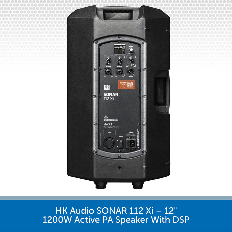 Black active PA speaker with DSP on a white background, featuring the brand 'HK Audio'.