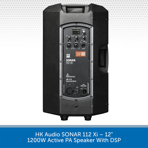 Black active PA speaker with DSP on a white background, featuring the brand 'HK Audio'.