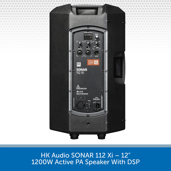 Black active PA speaker with DSP on a white background, featuring the brand 'HK Audio'.