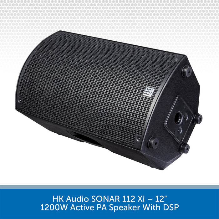 Black active PA speaker with DSP on a white background