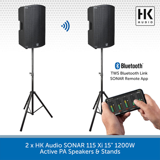 Two HK Audio SONAR 115 Xi 15" 1200W active PA speakers with stands and a smartphone app control.