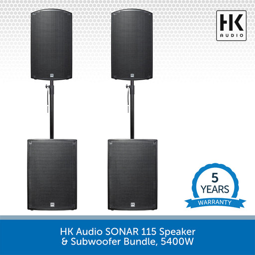 HK Audio SONAR 115 Speaker & Subwoofer Bundle with warranty badge on a white background