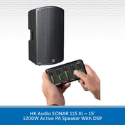 HK Audio SONAR 115 Xi active PA speaker with smartphone control on a white background