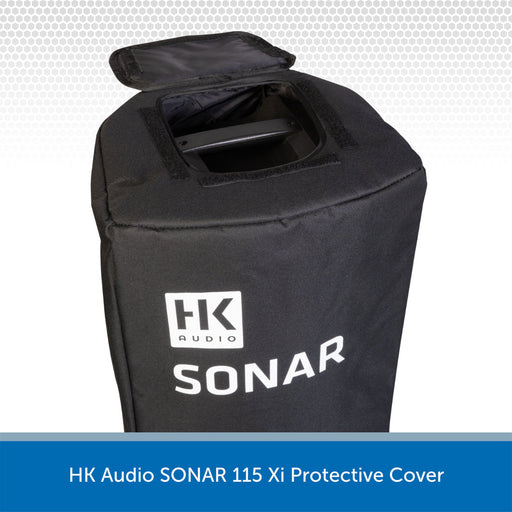 Black protective cover for HK Audio SONAR 115 Xi with brand logo on a white background
