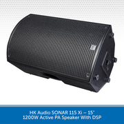 Black active PA speaker with DSP on a gray background