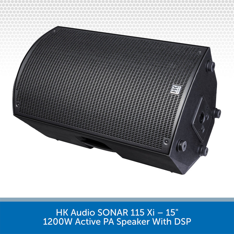 Black active PA speaker with DSP on a gray background