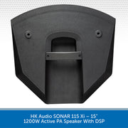 Black active PA speaker with DSP on a white background