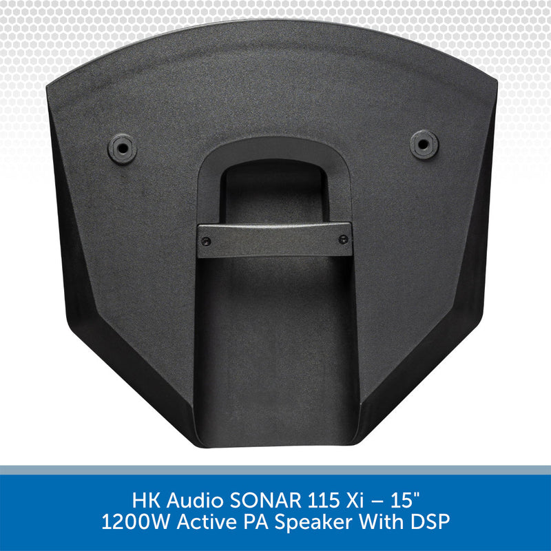Black active PA speaker with DSP on a white background