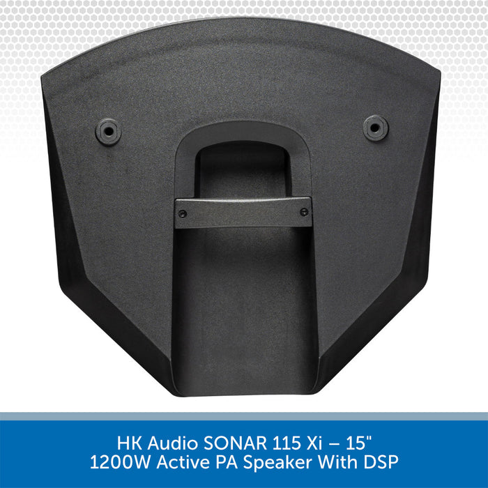 Black active PA speaker with DSP on a white background