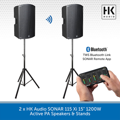 Two HK Audio SONAR 115 Xi 15" 1200W active PA speakers with stands and a smartphone app control.