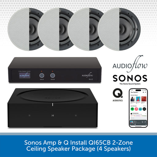 Audioflow Sonos home sound system with Amp, Q Install QI65CB 2-Zone ceiling speakers, and smartphone app on a white background.