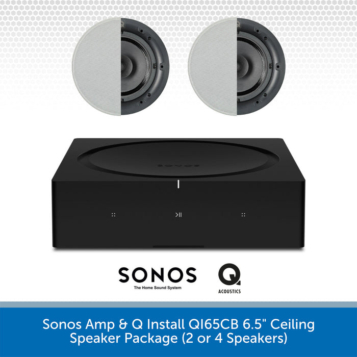 Sonos Amp & Q Acoustics ceiling speaker package with two speakers on a white background.