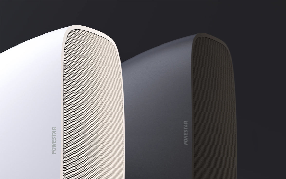 Two speakers, one white and one gray, with 'Fenestar' branding on a dark background.