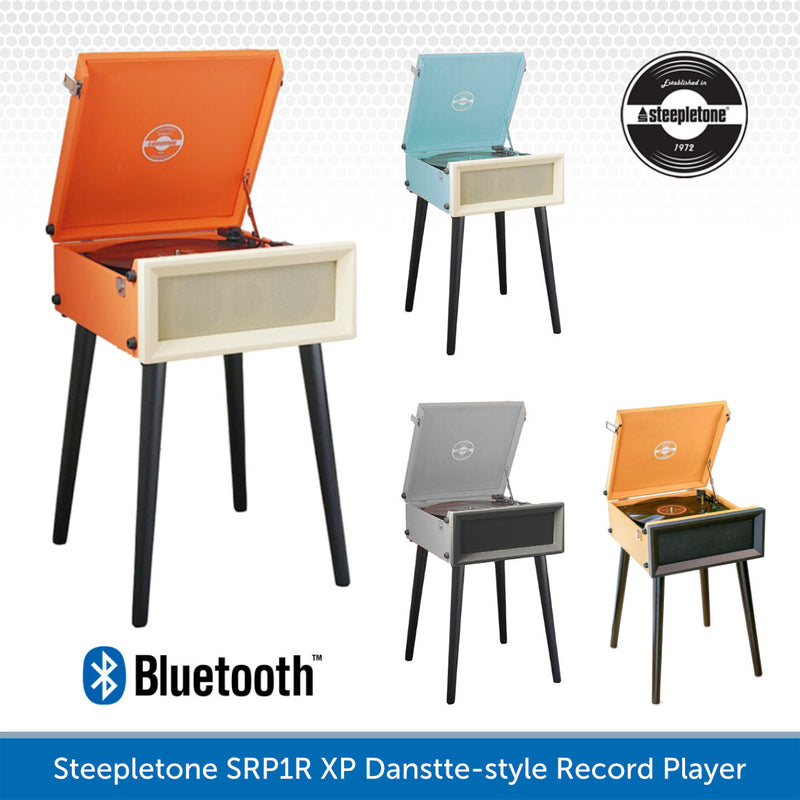 Steepletone Bluetooth record player shown in multiple color options, featuring a Danste-style open-top cabinet design with black legs and a front speaker grille. The main product shown is orange with a cream front panel, with smaller variants in light blue, gray, and mustard yellow.