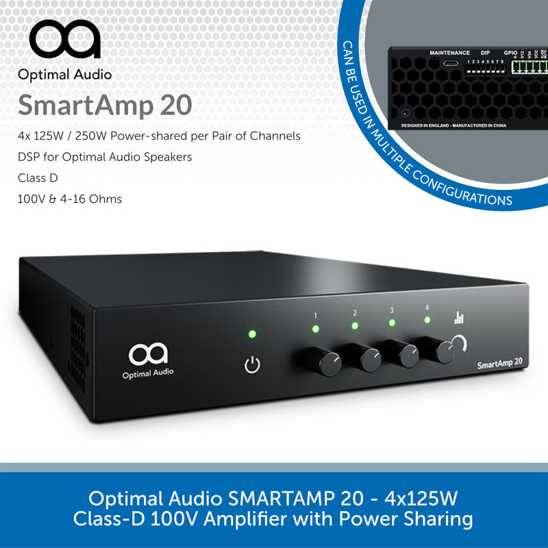Optimal Audio SMARTAMP 20 - 4x125W Class-D 100V Amplifier with Power Sharing