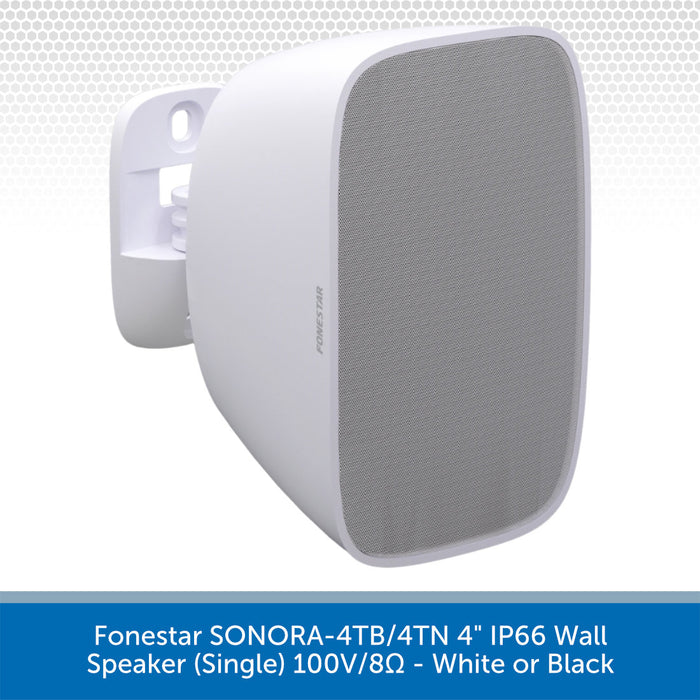 White wall-mounted speaker with text indicating model details on a white background