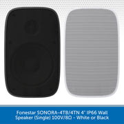 Two wall speakers, one black and one white, on a white background with text indicating brand and specifications.