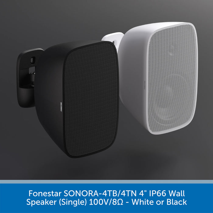 Black and white wall speakers on a dark gray background with product details at the bottom.