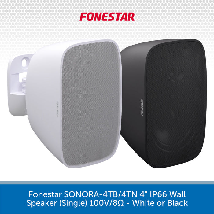Two wall speakers, one white and one black, with Fonestar branding on a light gray background.