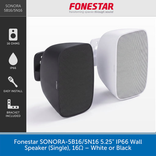 A promotional product graphic for a single wall speaker by Fonestar, showing two views of the same speaker: one black and one white. The left side has feature icons and text reading 16 OHMS, IP66, EASY INSTALL, and BRACKET INCLUDED.