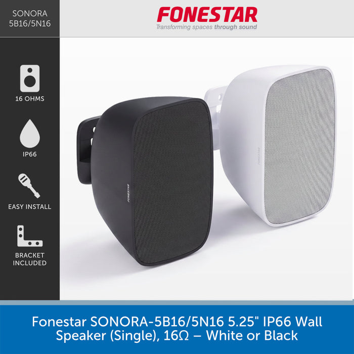 A promotional product graphic for a single wall speaker by Fonestar, showing two views of the same speaker: one black and one white. The left side has feature icons and text reading 16 OHMS, IP66, EASY INSTALL, and BRACKET INCLUDED.