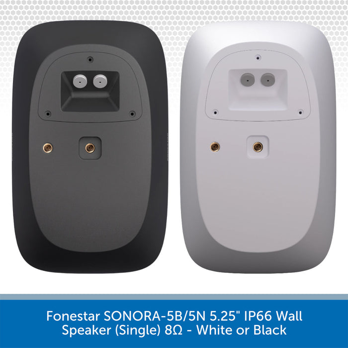 Two wall speakers, one black and one white, on a light gray background with text indicating model and color options.