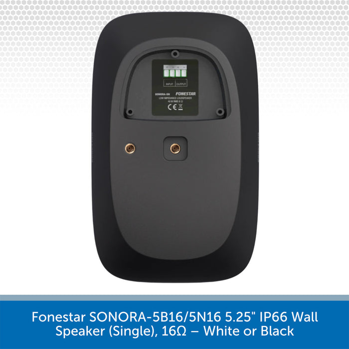 Black wall speaker with technical details on a white background