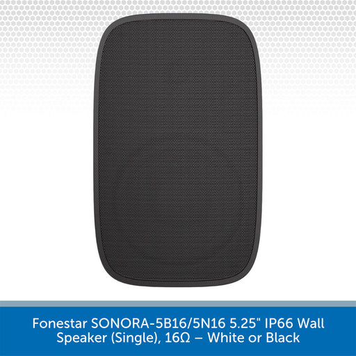 Black wall speaker with text describing product details on a white background
