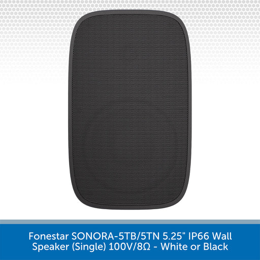 Black wall speaker on a white background with product details text.