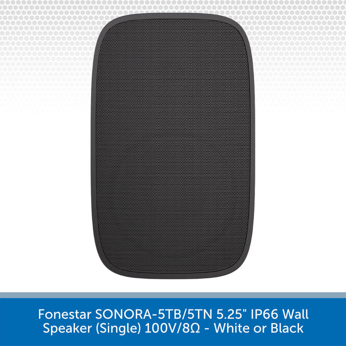 Black wall speaker on a white background with product details text.