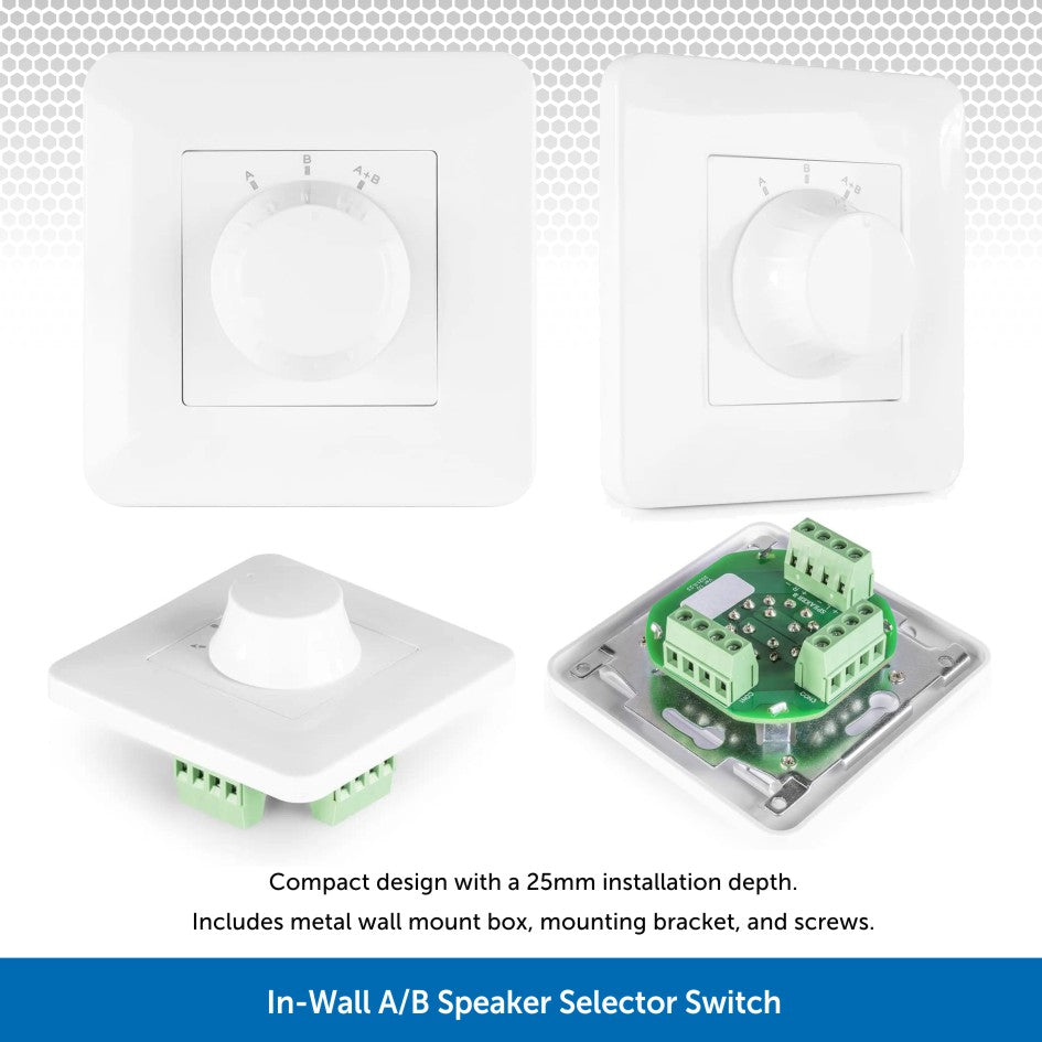 In-Wall A/B Stereo Speaker Selector Switch 100W - White | Audio Volt