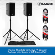 Mackie Thrash 12 V2 Active PA Speaker package including two black speakers on stands, a pair of XLR cables, and a black carrying bag, shown on a white background with a blue text banner at the bottom.